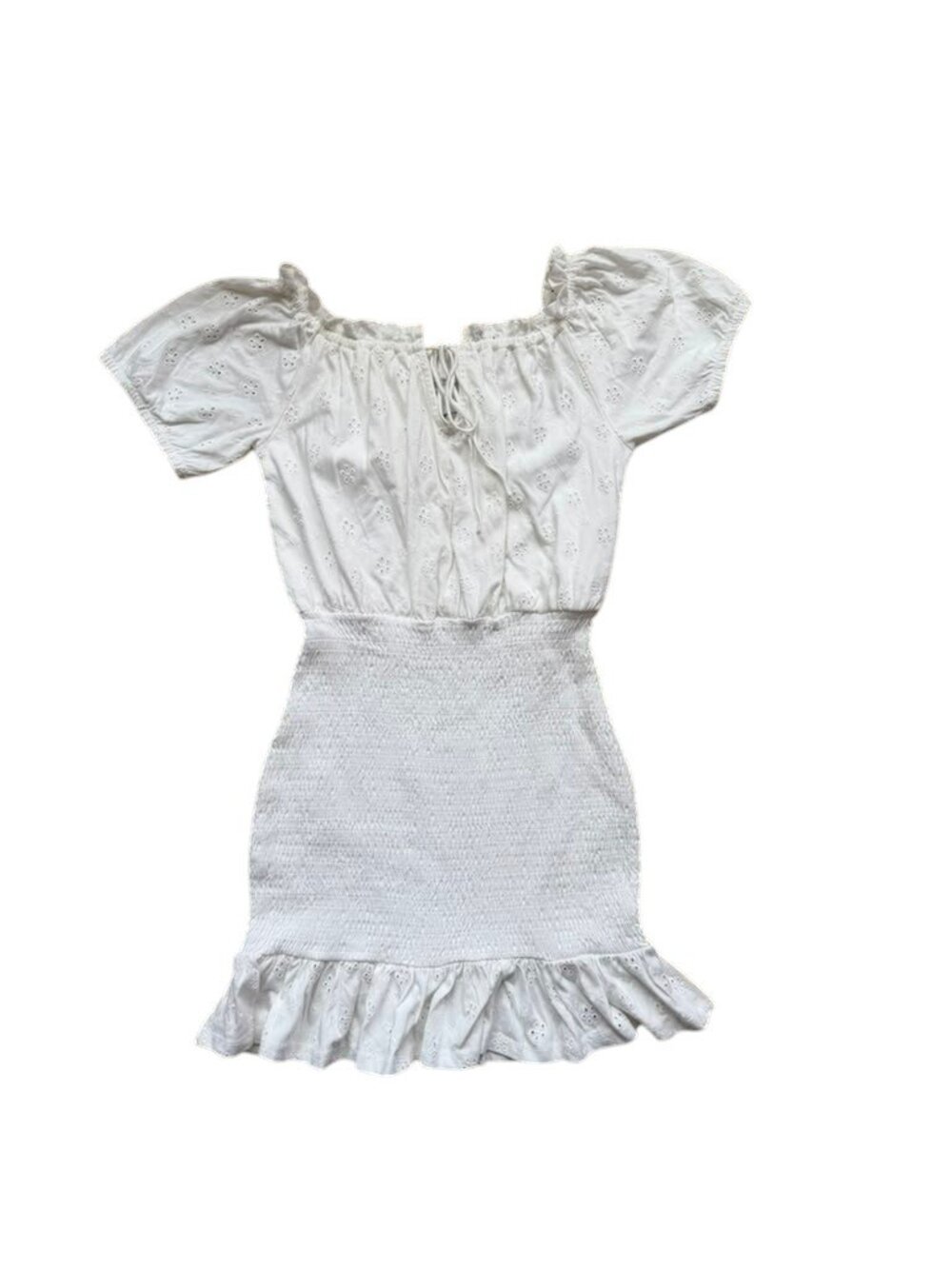 ASOS DESIGN White Eyelet Mini Dress Women's US 6 Puff Sleeve Smocked Cottagecore